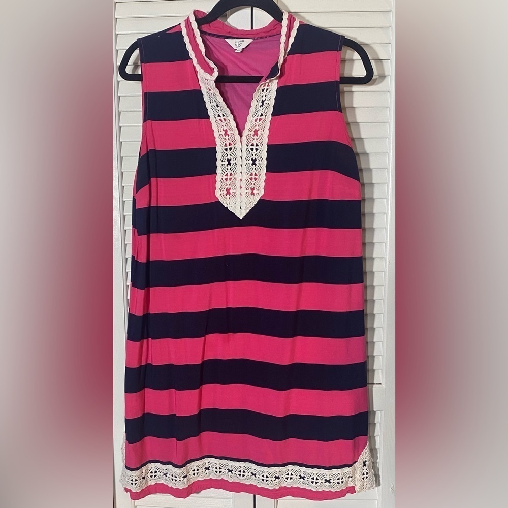 Crown & Ivy Pink/Navy V-neck Sleeveless Striped Dress w/Eyelet Lace Trim, Sz PXL